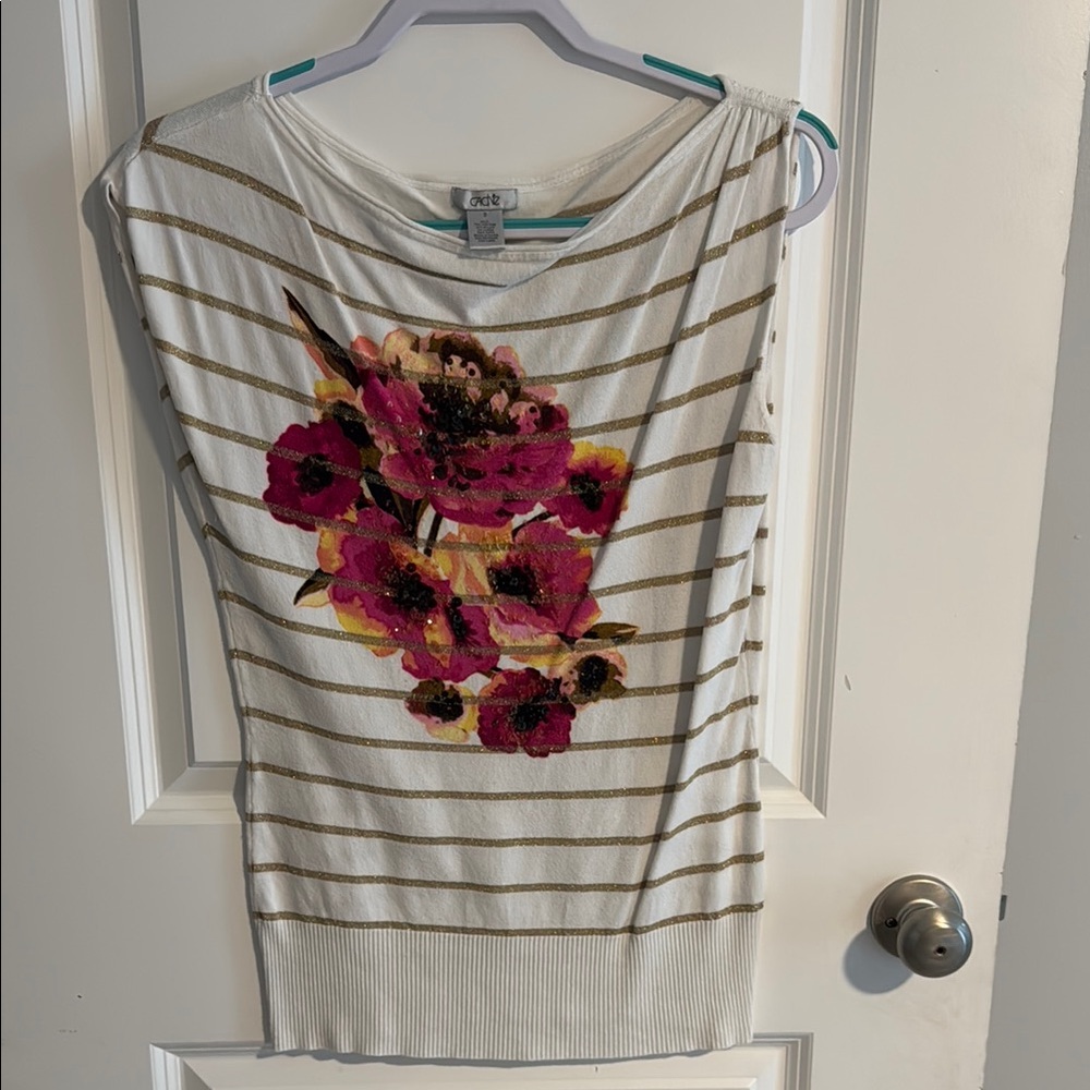 Cache White and Gold Striped Blouse with Pink Floral Design
